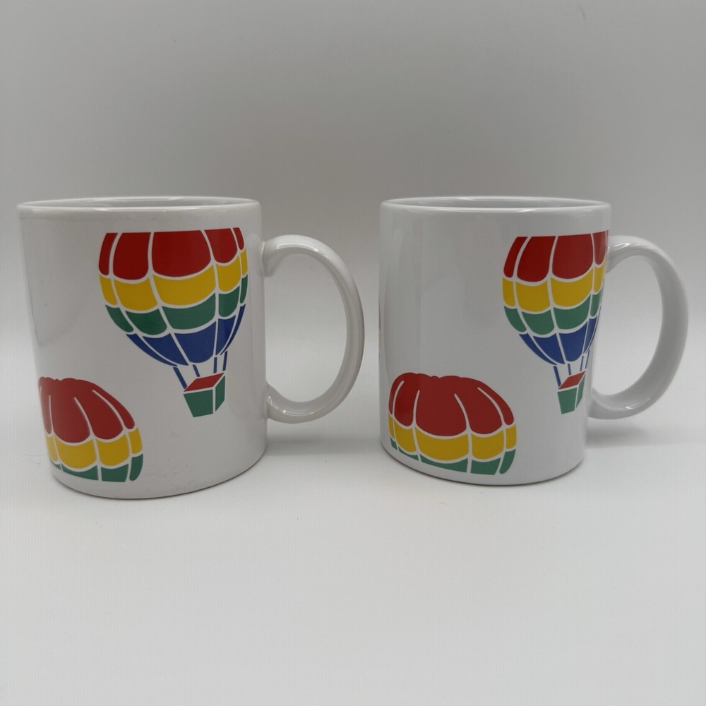 Lot of 2 Vintage Rainbow Hot Air Balloon Mugs Coffee Cups Colorful FTD 80's